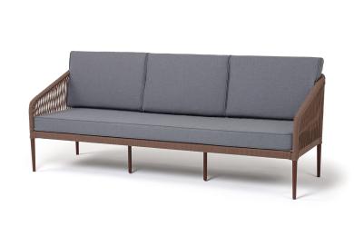 "Канны" диван 3-местный плетеный из роупа, каркас алюминий коричневый (RAL8016) муар, роуп коричневый круглый, ткань темно-серая 027